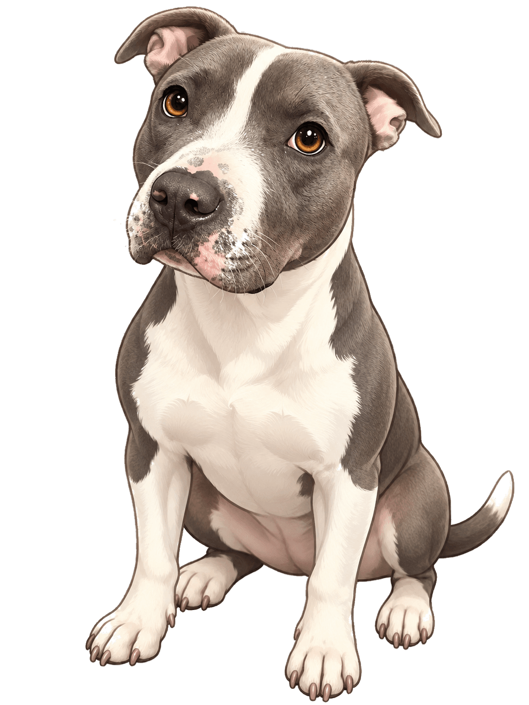 Maizie, a gray-and-white cartoon pit bull.